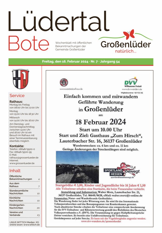 Wochenblatt mit öffentlichen Bekanntmachungen der Gemeinde Großenlüder Titelblatt 07/2024