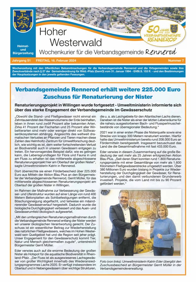 Hoher Westerwald - Wochenkurier für die Verbandsgemeinde Rennerod Titelblatt 07/2024