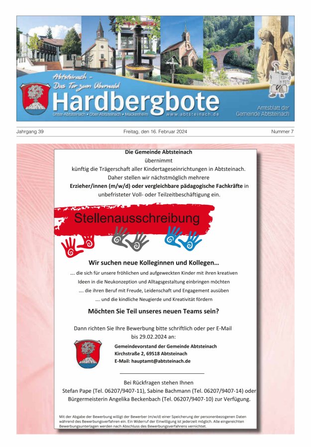 Hardbergbote - Mitteilungsblatt der Gemeinde Abtsteinach Titelblatt 07/2024