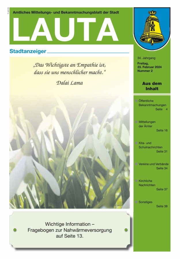 Amtliches Mitteilungs- und Bekanntmachungsblatt der Stadt Lauta - Stadtanzeiger Titelblatt 02/2024