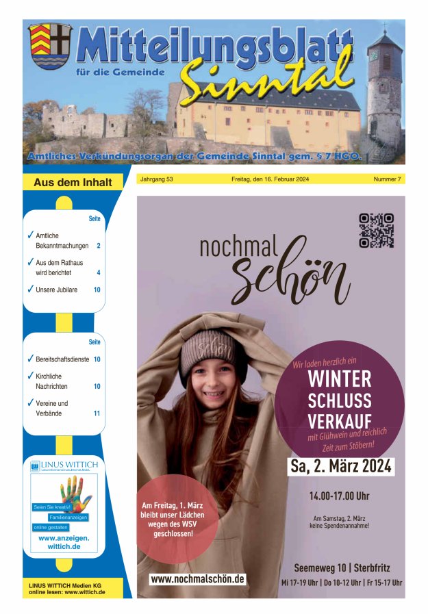 Mitteilungsblatt für die Gemeinde Sinntal Titelblatt 07/2024