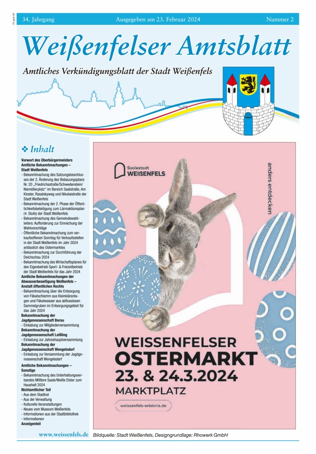 Weißenfelser Amtsblatt – Amtliches Verkündungsblatt der Stadt Weißenfels Titelblatt 02/2024