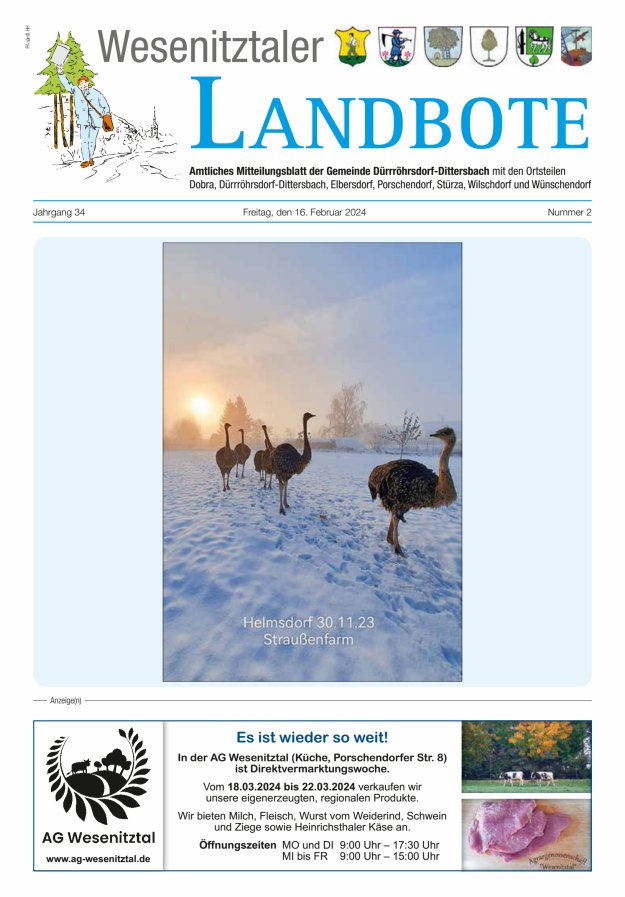 Wesenitztaler Landbote – Amtliches Mitteilungsblatt der Gemeinde Dürrröhrsdorf-Dittersbach Titelblatt 02/2024