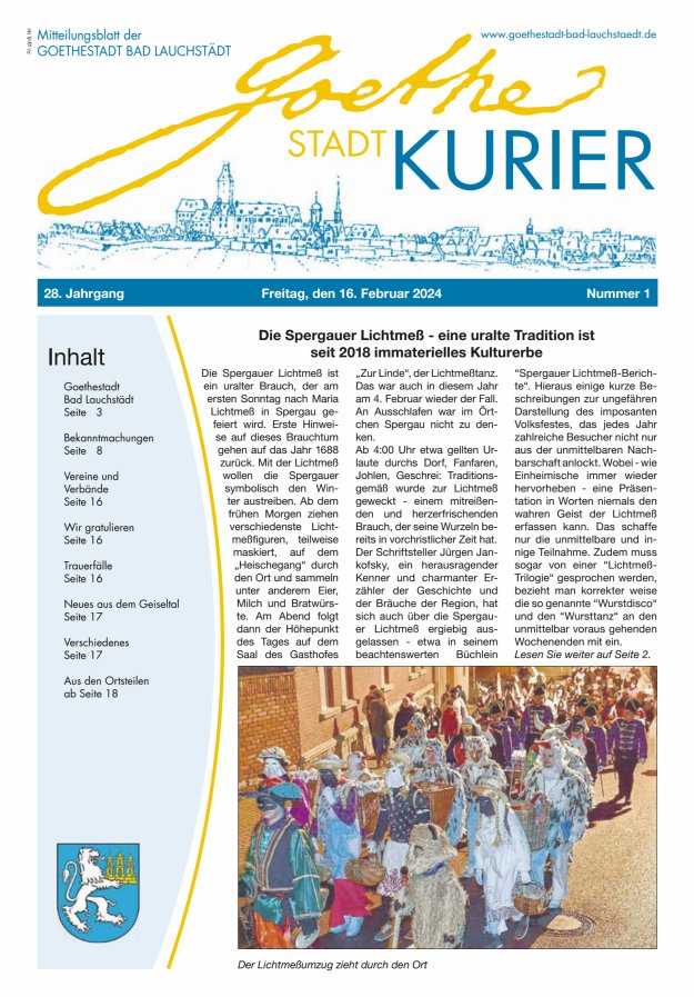 Goethestadt Kurier - Mitteilungsblatt der Goethestadt Bad Lauchstädt Titelblatt 01/2024
