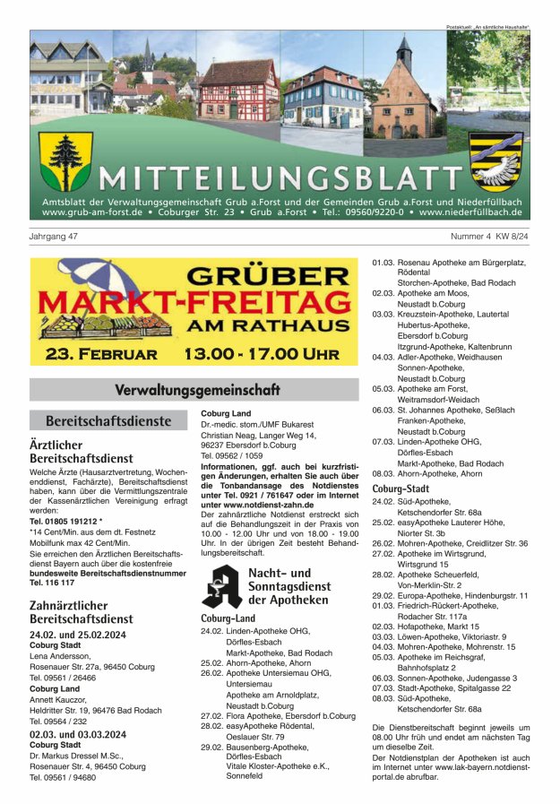Amts- und Mitteilungsblatt der VGem Grub a.Forst Titelblatt 04/2024