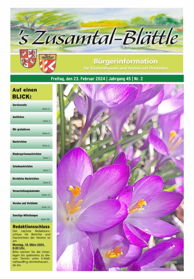 's Zusamtal-Blättle Bürgerinformationen für Ziemetshausen und Aichen mit OTen Titelblatt 02/2024
