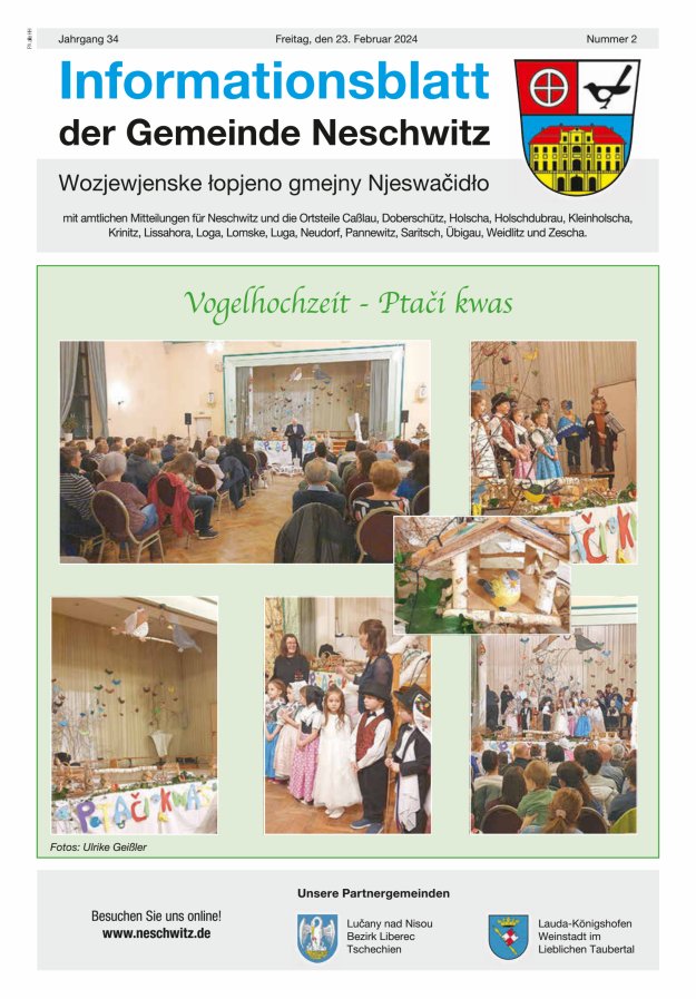 Informationsblatt der Gemeinde Neschwitz mit amtlichen Mitteilungen Titelblatt 02/2024
