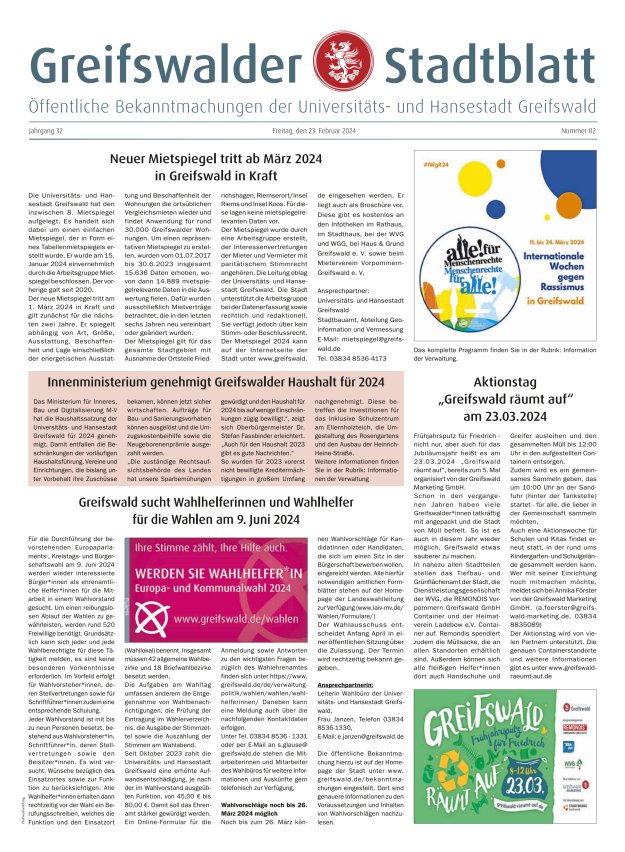 Greifswalder Stadtblatt Titelblatt 02/2024