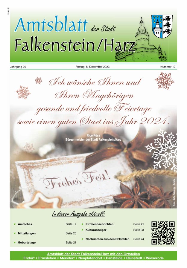 Amtsblatt der Stadt Falkenstein/Harz Titelblatt 12/2023