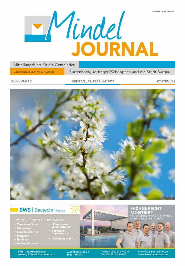 Mindeljournal Freies Blatt für Burgau Burtenbach Jettingen-Scheppach Titelblatt 02/2024