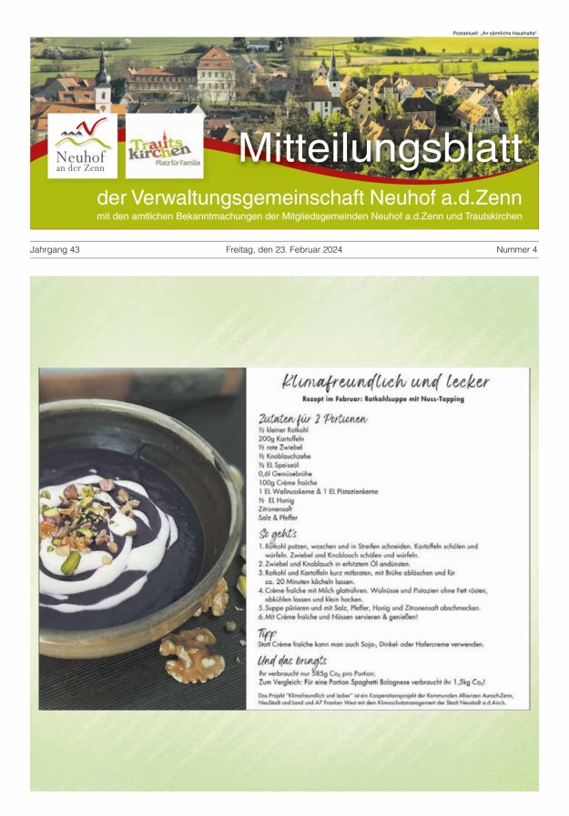 Mitteilungsblatt der Verwaltungsgemeinschaft Neuhof an der Zenn mit den amtlichen Bekanntmachungen der Mitgliedsgemeinden Neuhof an der Zenn und Trautskirchen Titelblatt 04/2024