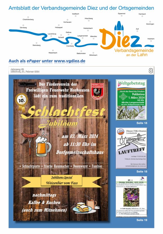 Mitteilungsblatt der Verbandsgemeinde Diez und der Ortsgemeinden Titelblatt 08/2024