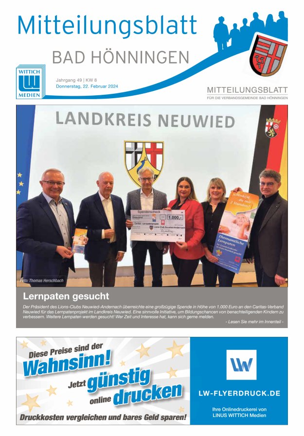 Mitteilungsblatt für den Bereich der Verbandsgemeinde Bad Hönningen Titelblatt 08/2024