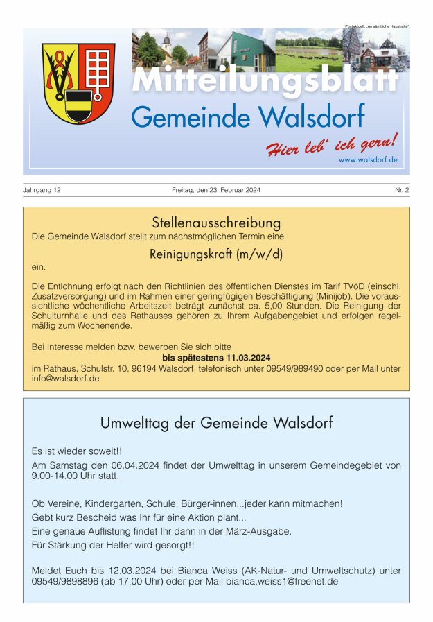 Mitteilungsblatt Gemeinde Walsdorf Titelblatt 02/2024