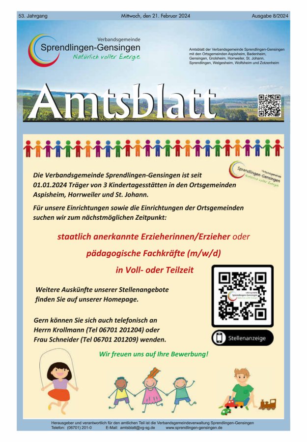 Amtsblatt VG Sprendlingen-Gensingen Titelblatt 08/2024