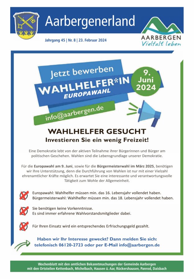 Aarbergenerland - Wochenblatt mit den amtlichen Bekanntmachungen Titelblatt 08/2024