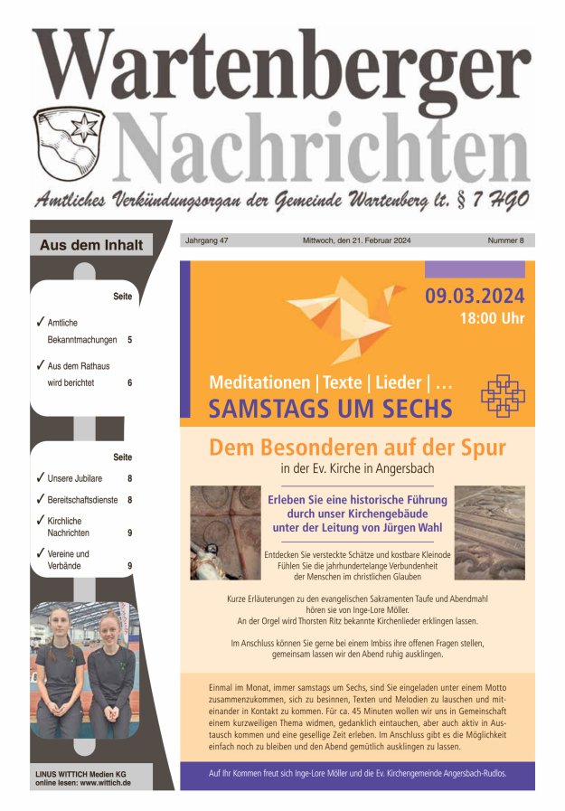 Wartenberger Nachrichten Titelblatt 08/2024
