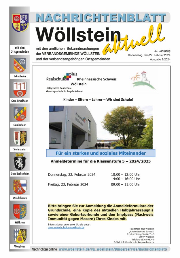 Nachrichtenblatt Wöllstein aktuell Titelblatt 08/2024
