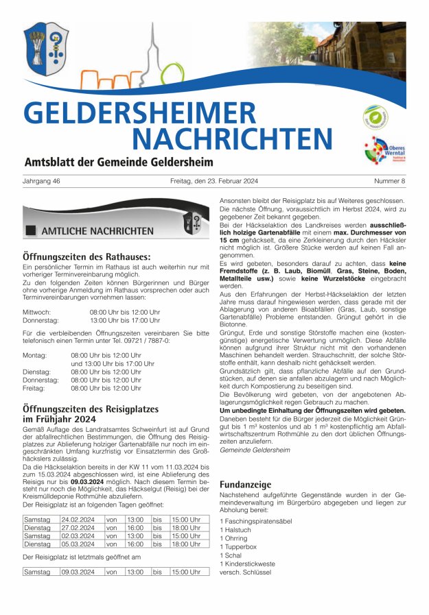 Geldersheimer Nachrichten Amtsblatt der Gemeinde Geldersheim Titelblatt 08/2024