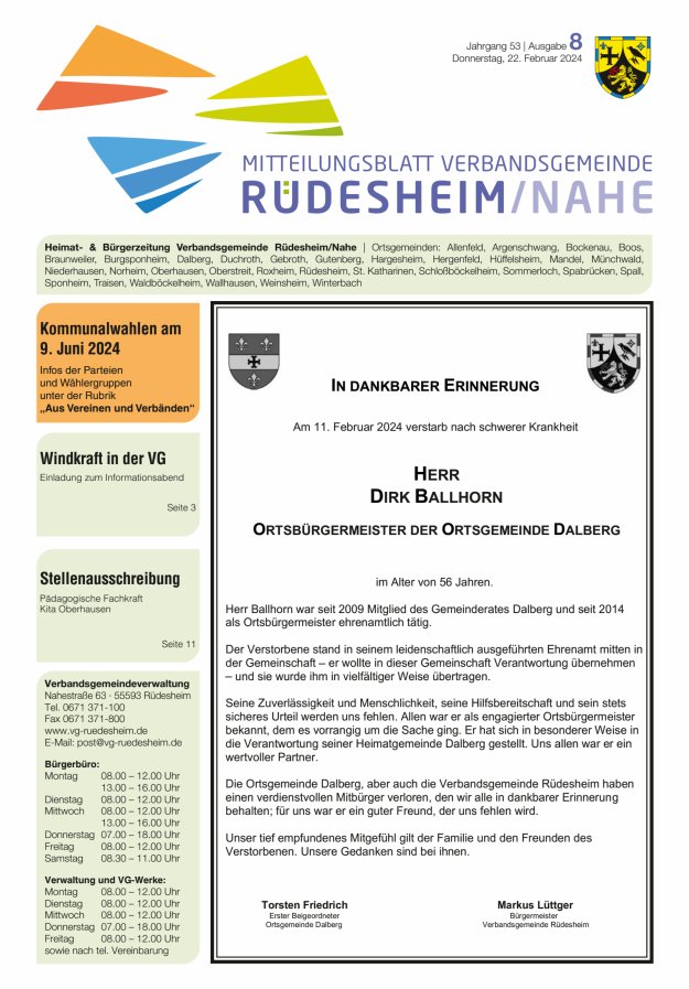 Mitteilungsblatt Verbandsgemeinde Rüdesheim und zugehörige Ortsgemeinden Titelblatt 08/2024