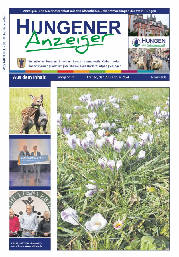 Anzeigen- und Nachrichtenblatt mit den öff  Bekanntmachungen der Stadt Hungen Titelblatt 08/2024