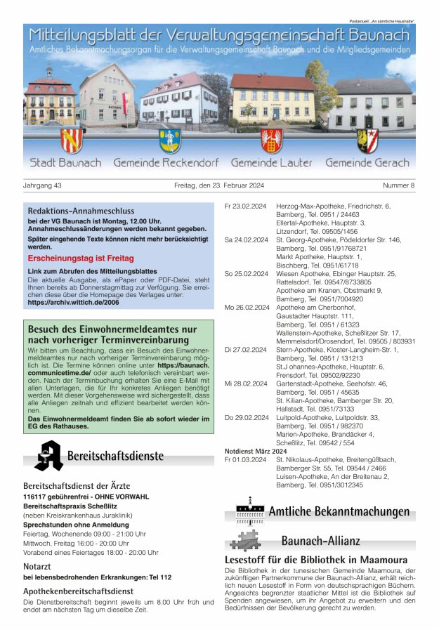Mitteilungsblatt Verwaltungsgemeinschaft Baunach Titelblatt 08/2024