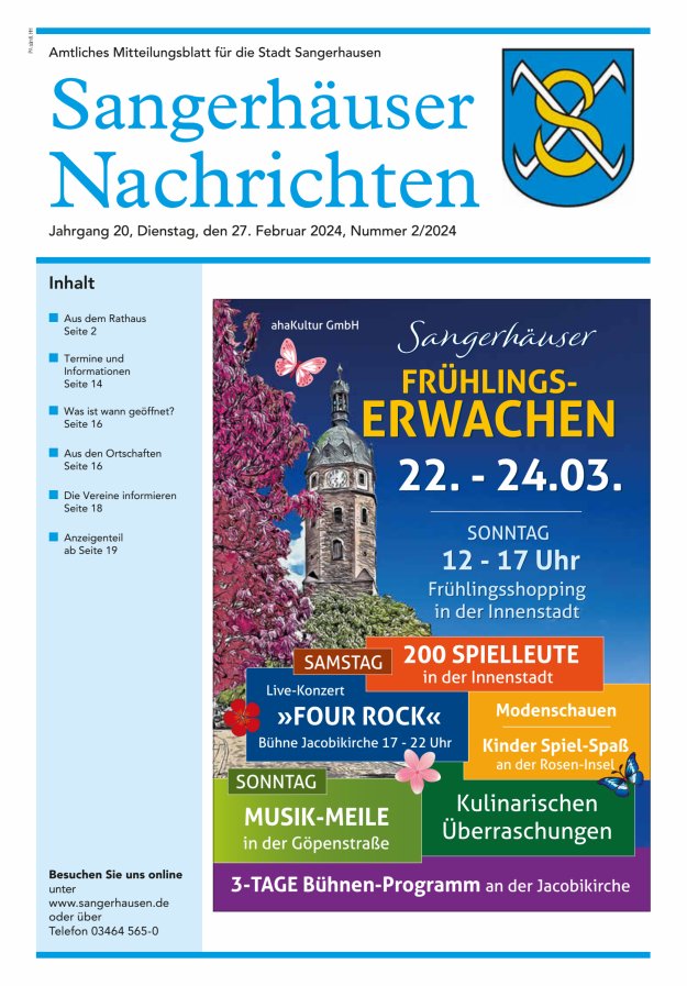 Sangerhäuser Nachrichten – Amtliches Mitteilungsblatt für die Stadt Sangerhausen Titelblatt 02/2024