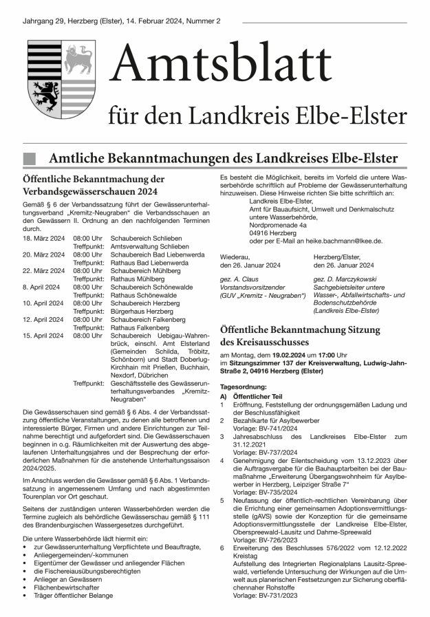 Amtsblatt für den Landkreis Elbe-Elster Titelblatt 02/2024