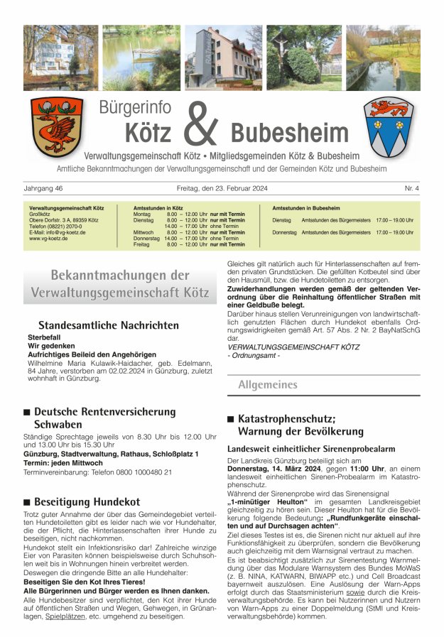 Amtsblatt der VG Kötz und der Mitgliedsgemeinden Titelblatt 04/2024
