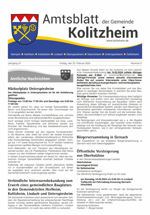 Amtsblatt der Gemeinde Kolitzheim Titelblatt 08/2024