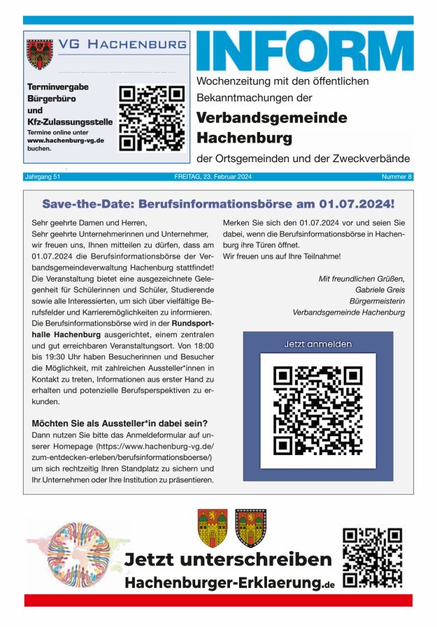 INFORM - Wochenzeitung der Verbandsgemeinde Hachenburg Titelblatt 08/2024