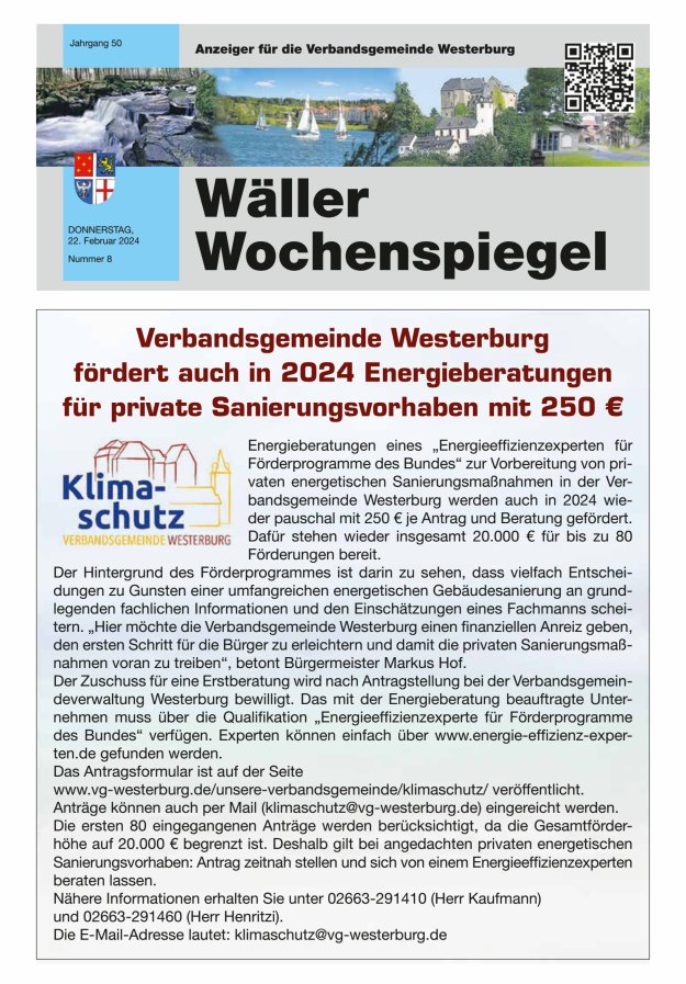 Wäller Wochenspiegel - Anzeiger für die Verbandsgemeinde Westerburg Titelblatt 08/2024