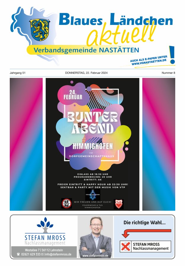 Blaues Ländchen aktuell - Heimat- u Bürgerzeitung VG Nastätten Titelblatt 08/2024