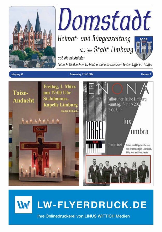 Domstadt - Heimat- und Bürgerzeitung für die Stadt Limburg Titelblatt 08/2024