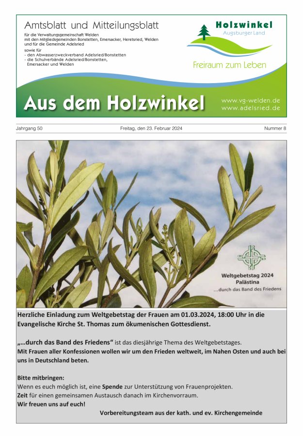 Aus dem Holzwinkel Amtsblatt u Mitteilungsblatt f VG Welden u GemAdelsried Titelblatt 08/2024