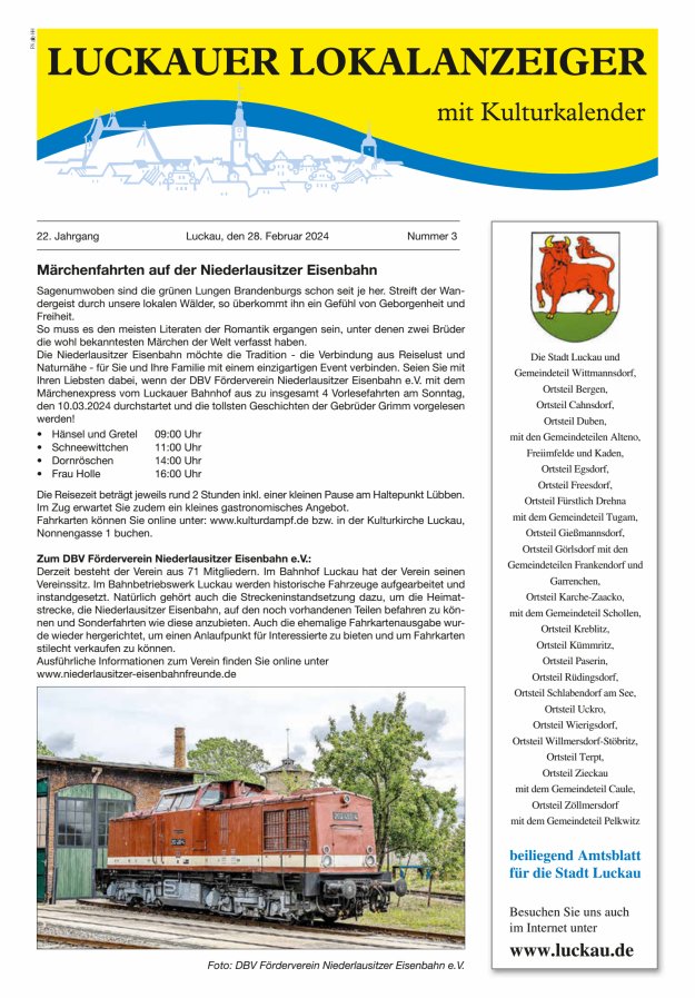Luckauer Lokalanzeiger (beiliegend Amtsblatt für die Stadt Luckau) Titelblatt 03/2024