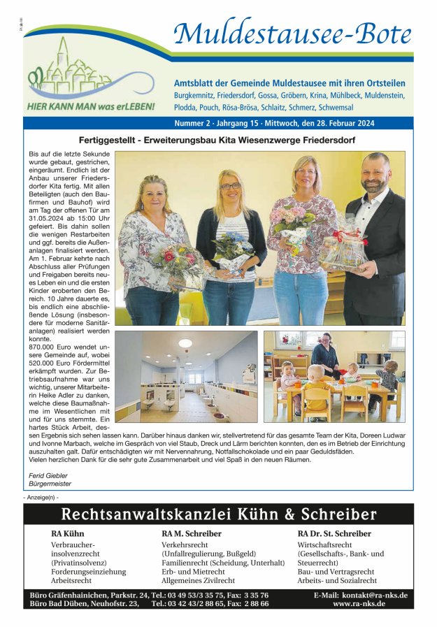 Muldestausee-Bote – Amtsblatt der Gemeinde Muldestausee mit ihren Ortsteilen Titelblatt 02/2024