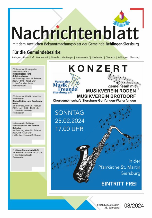 Nachrichtenblatt Rehlingen-Siersburg Titelblatt 08/2024