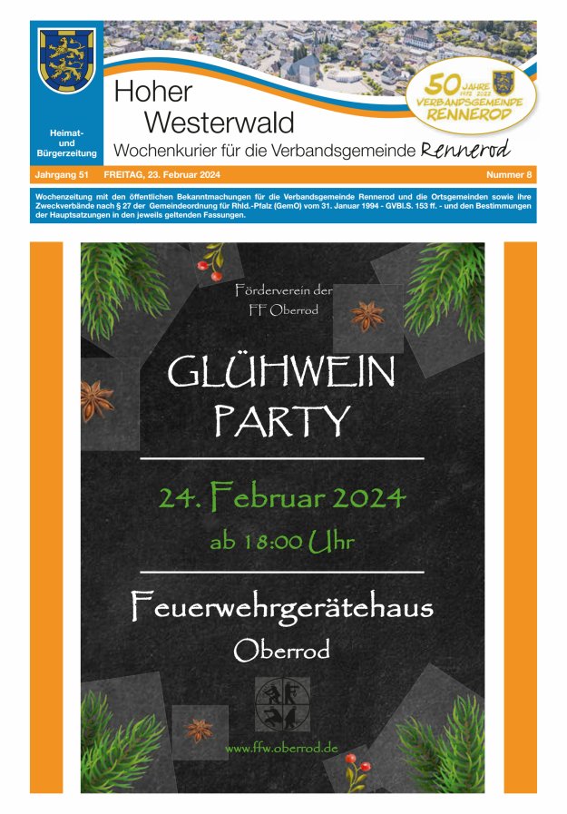 Hoher Westerwald - Wochenkurier für die Verbandsgemeinde Rennerod Titelblatt 08/2024