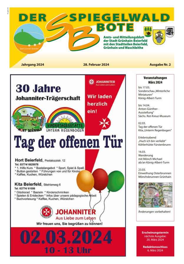 Der Spiegelwaldbote - Amts- und Mitteilungsblatt der Gemeinde Grünhain-Beierfeld  Titelblatt 02/2024