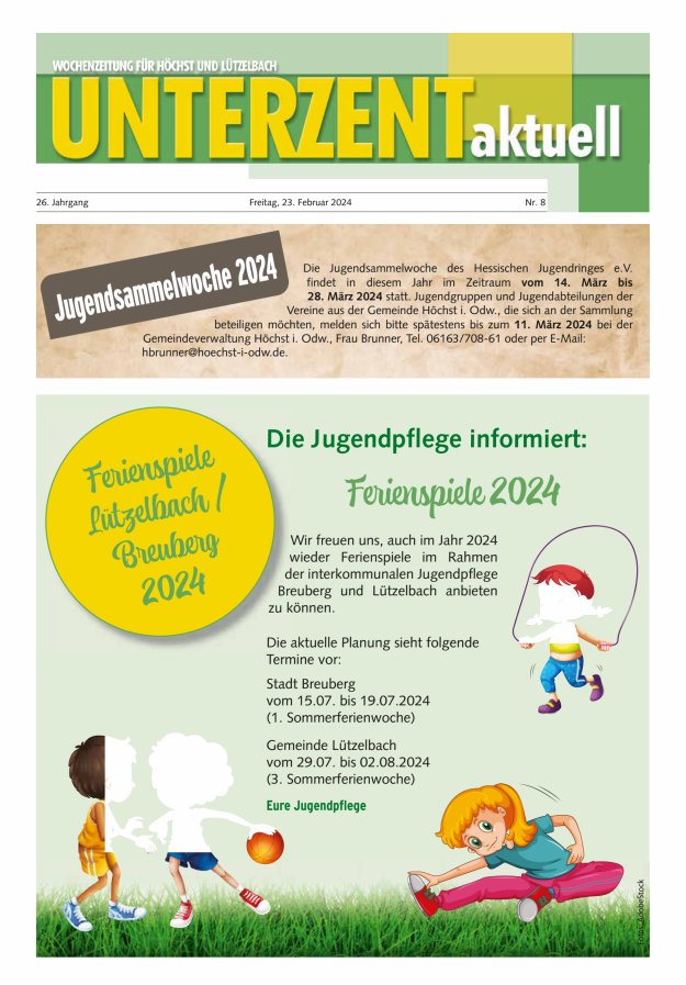 Unterzent aktuell Wochenzeitung für Höchst und Lützelbach Titelblatt 08/2024