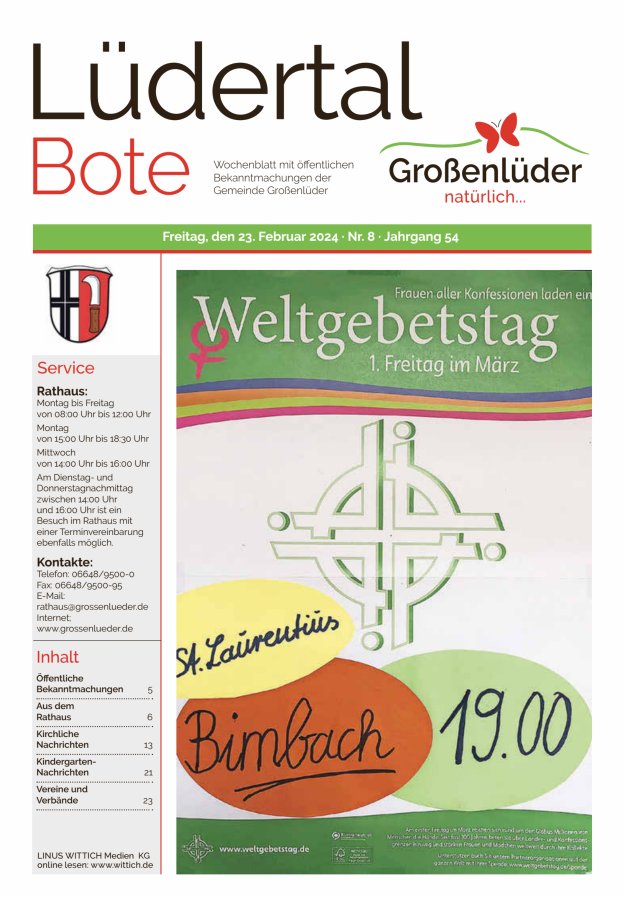 Wochenblatt mit öffentlichen Bekanntmachungen der Gemeinde Großenlüder Titelblatt 08/2024