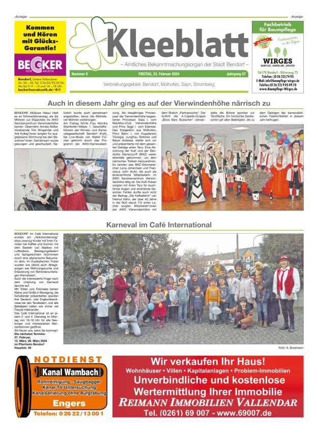 Kleeblatt - Amtliches Bekanntmachungsorgan der Stadt Bendorf Titelblatt 08/2024