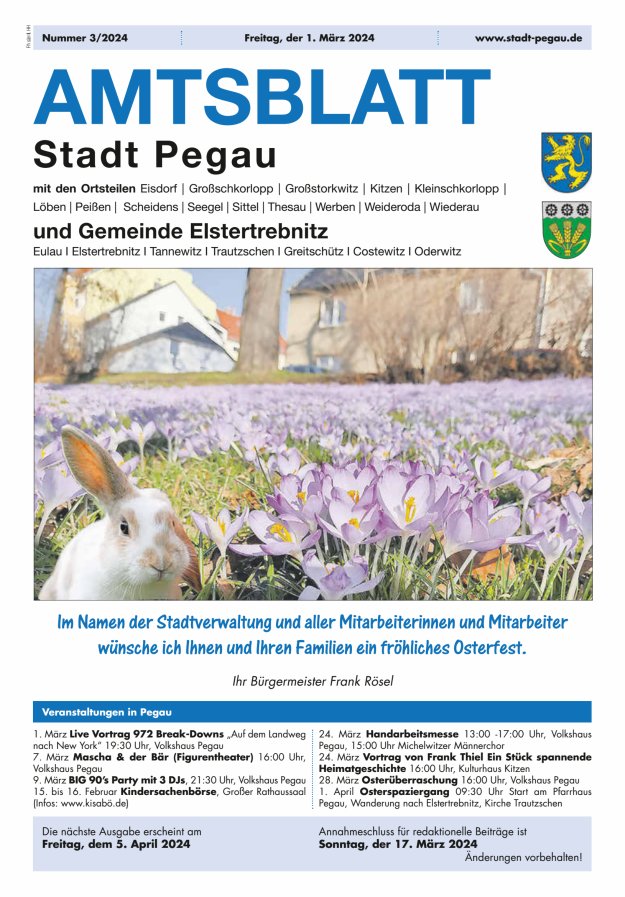 Amtsblatt Stadt Pegau und Gemeinde Elstertrebnitz  Titelblatt 03/2024