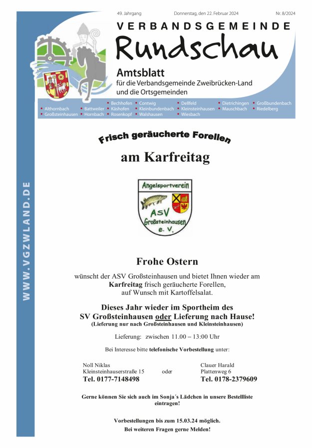 Verbandsgemeinde Rundschau Zweibrücken-Land Titelblatt 08/2024