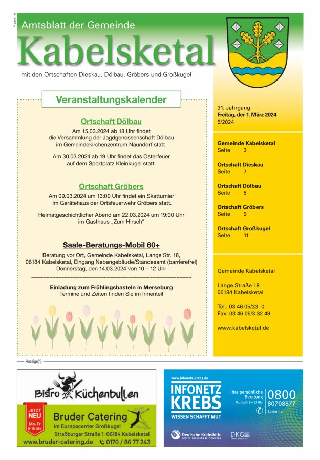 Amtsblatt der Gemeinde Kabelsketal mit den Ortsteilen Titelblatt 05/2024