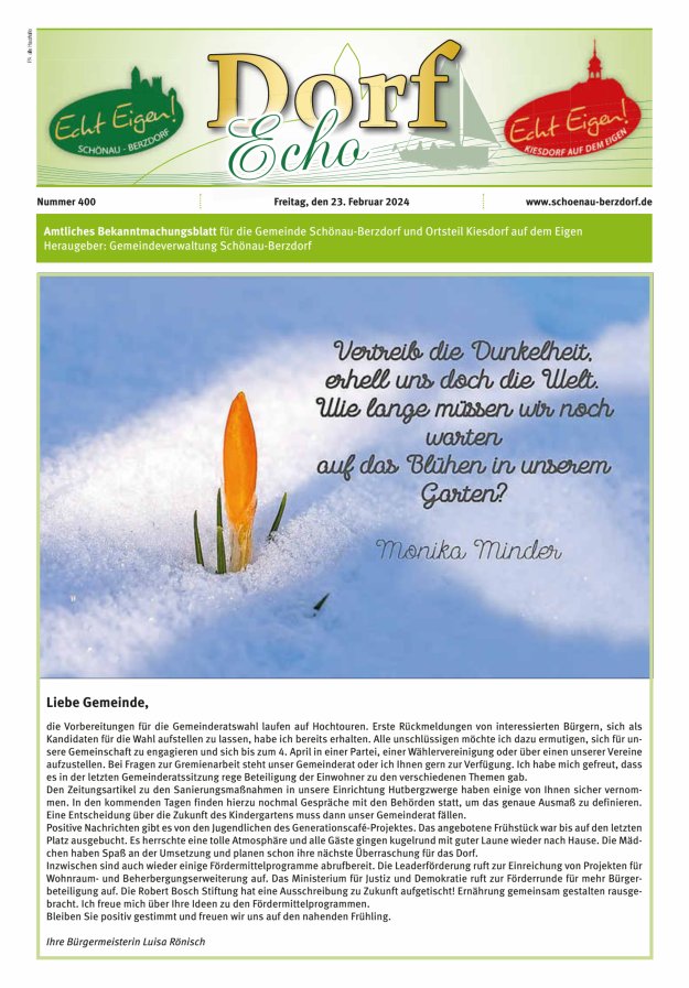 Dorfecho Amtliches Bekanntmachungsblatt für die Gemeinde Schönau-Berzdorf und OT Titelblatt 400/2024