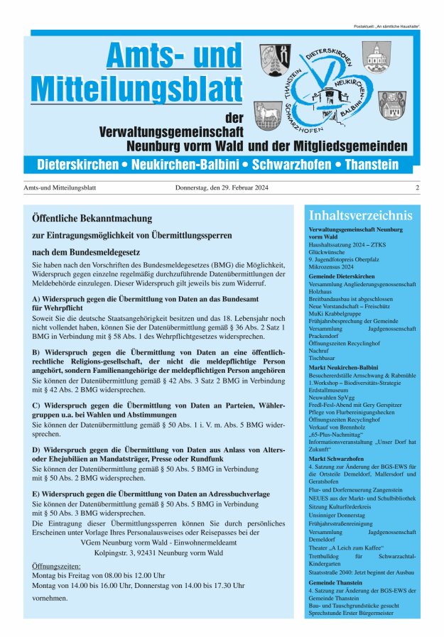 Amts- u Mitteilungsblatt der VG Neunburg vorm Wald u d Mitgliedsgemeinden Titelblatt 02/2024