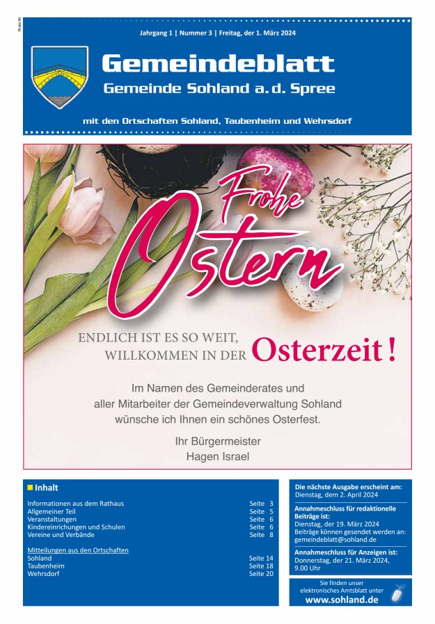 Amtsblatt der Gemeinde Sohland a. d. Spree mit den Ortschaften Sohland, Taubenheim und Wehrsdorf Titelblatt 03/2024