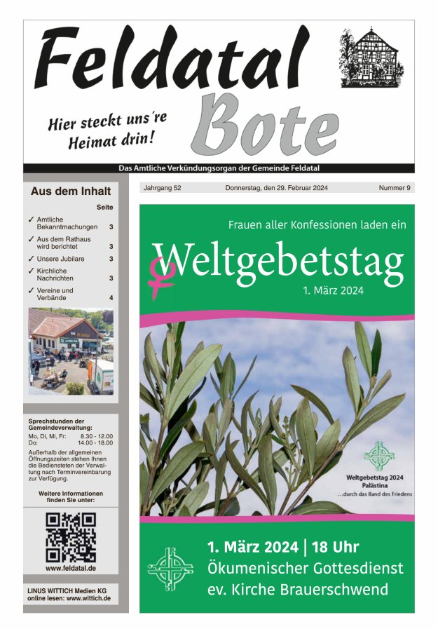 Das Amtliche Verkündungsorgan der Gemeinde Feldatal Titelblatt 09/2024